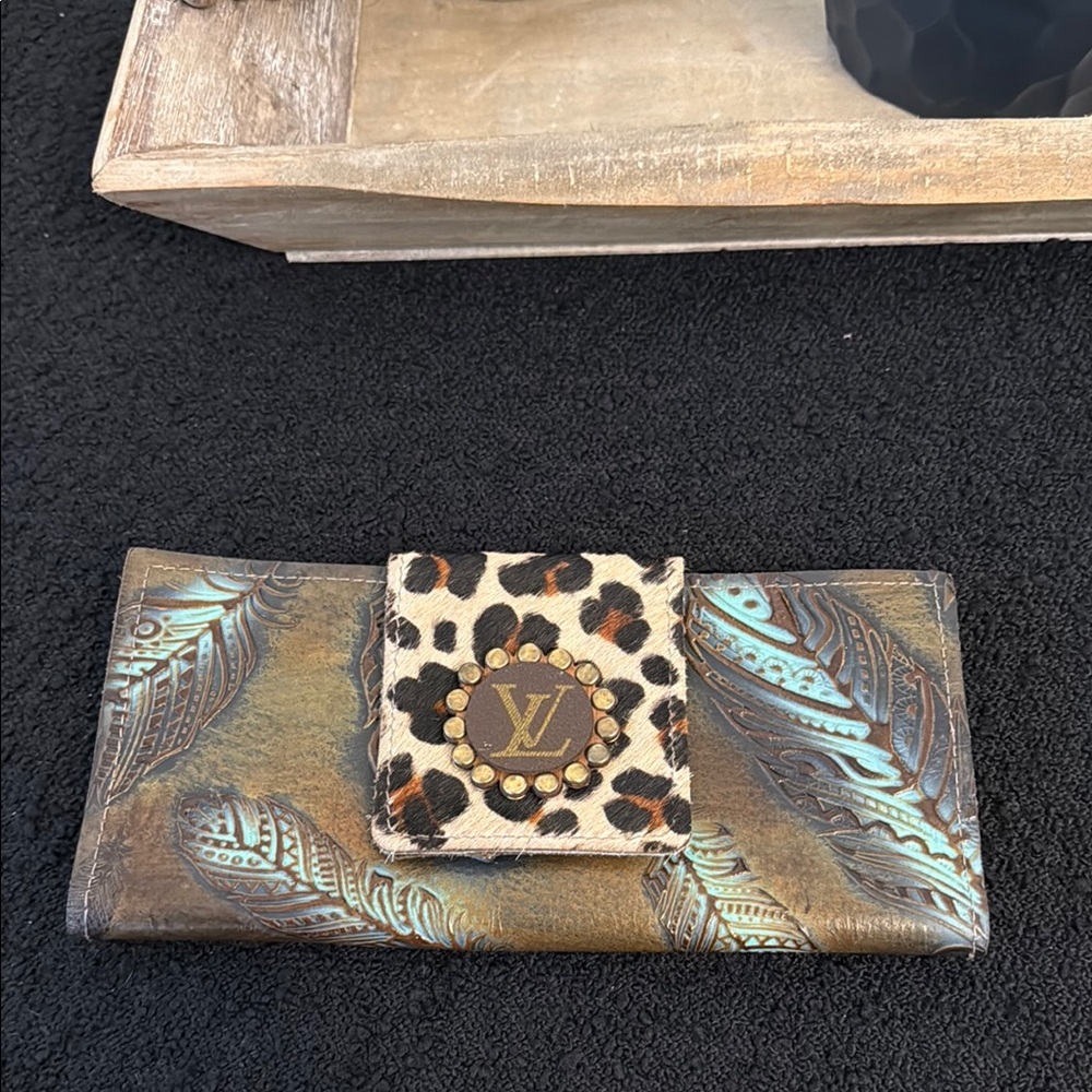 Upcycled Louis Vuitton Brown & Blue Embossed Leather feather Wallet w/ leopard